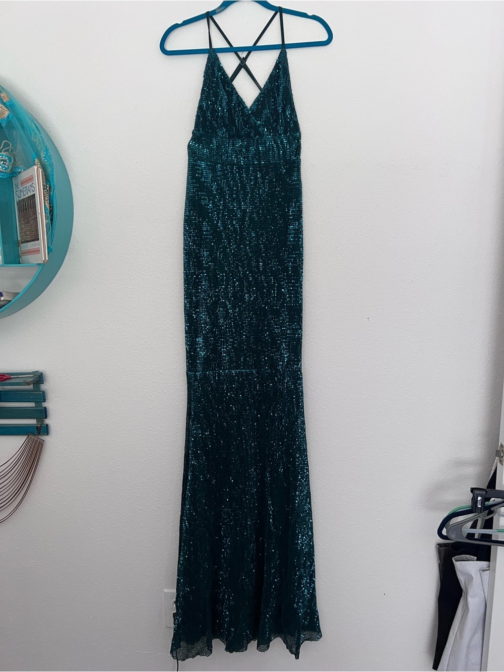 Club L London Teal Sequin Crisscross Strap Maxi Dress